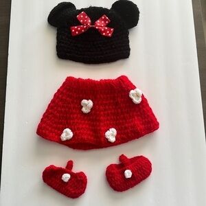 Minnie Mouse knitted skirt, booties and hat in red black and white elastic waist